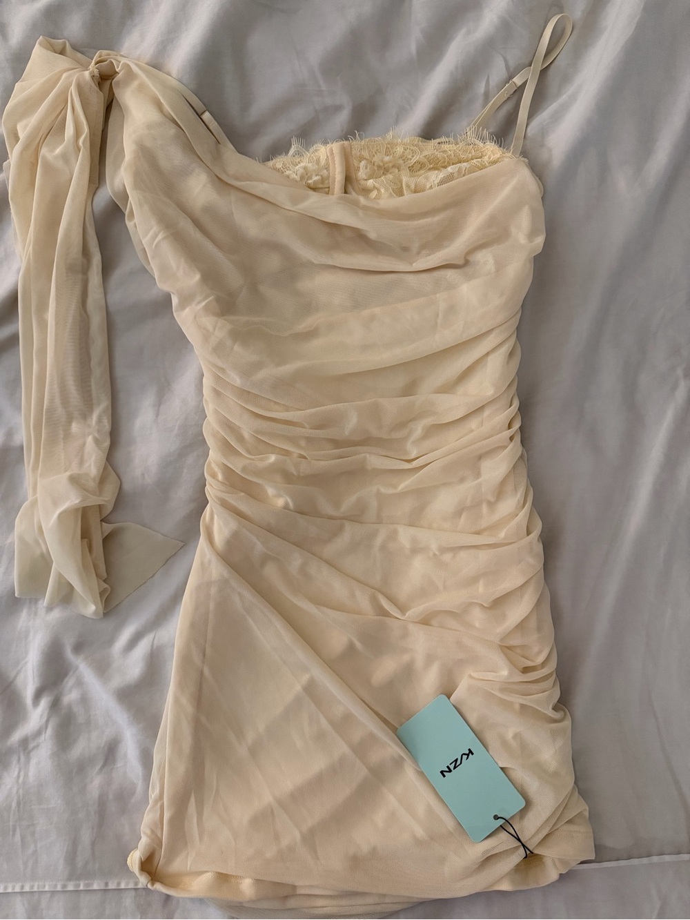 Ivory One-Shoulder Ruched Mini Dress - Picture 2 of 3